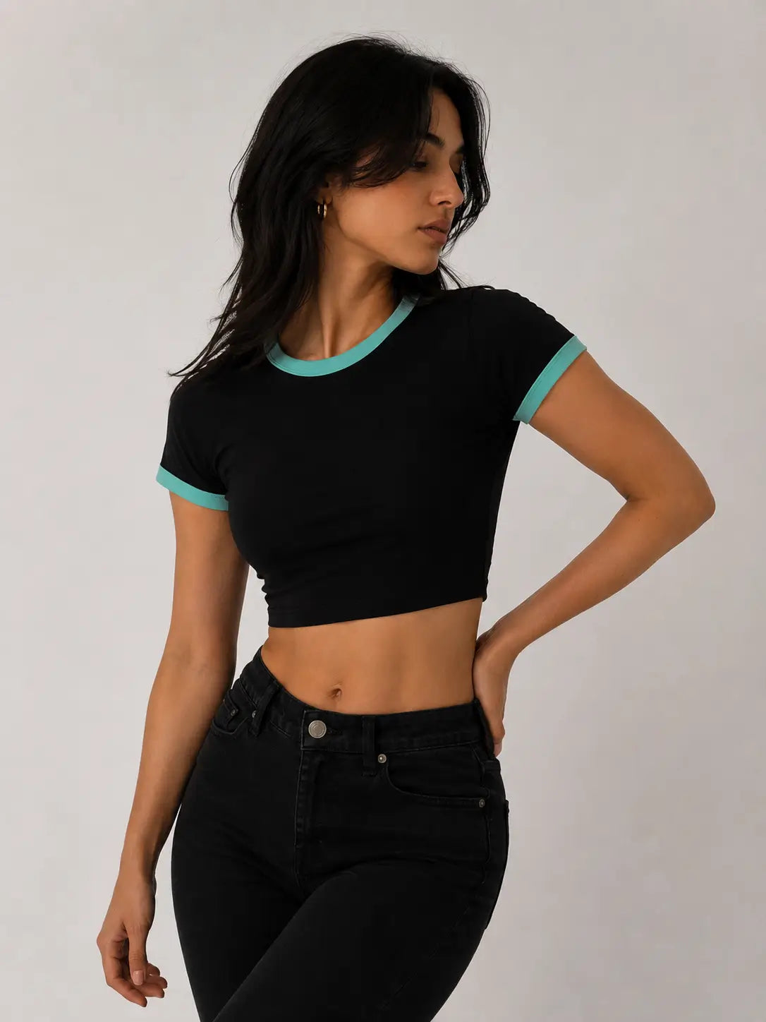 Black Ringer Baby Tee with Teal Rings | Premium Blank Crop