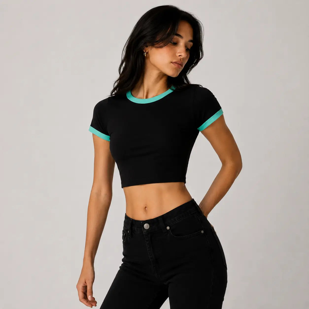 Black Ringer Baby Tee with Teal Rings | Premium Blank Crop