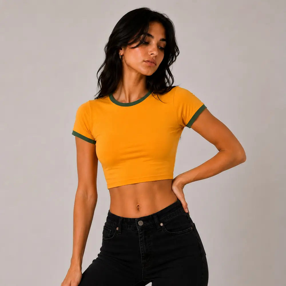Mango Green Ringer Baby Tee Crop Top for Women