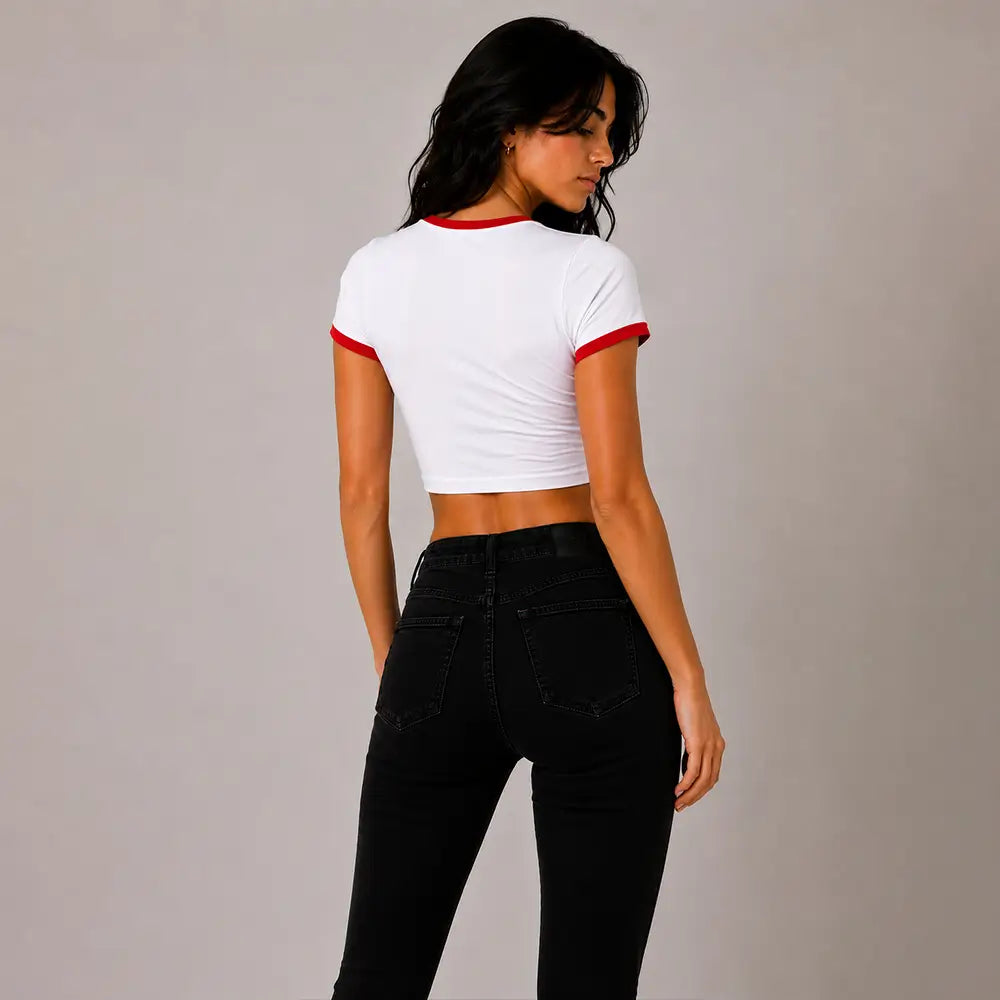 White Red Ringer Baby Tee Crop Top for Women