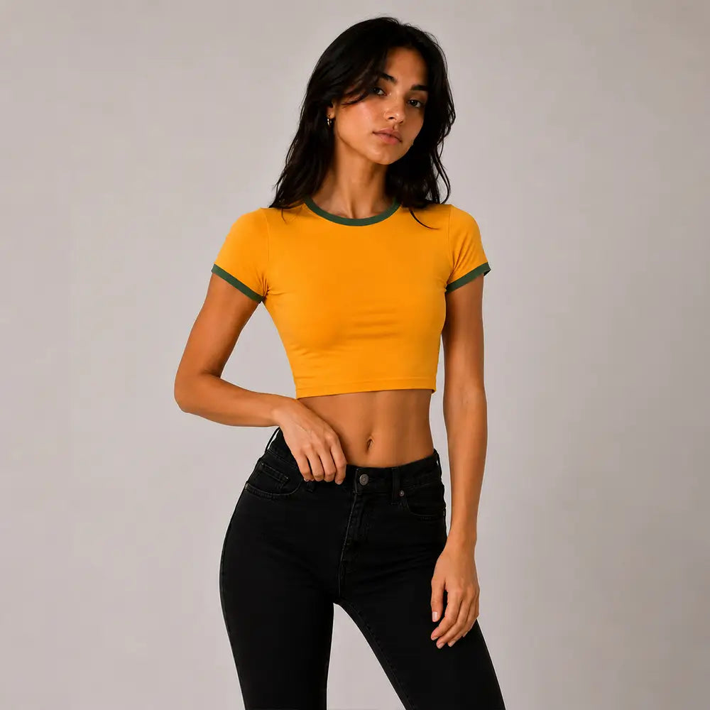 Mango Green Ringer Baby Tee Crop Top for Women